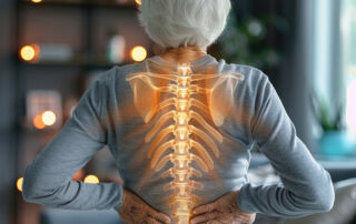 Donna con dolore alla schiena e visualizzazione della colonna vertebrale, rappresentazione della terapia di decompressione spinale per ridurre la pressione sui dischi intervertebrali.