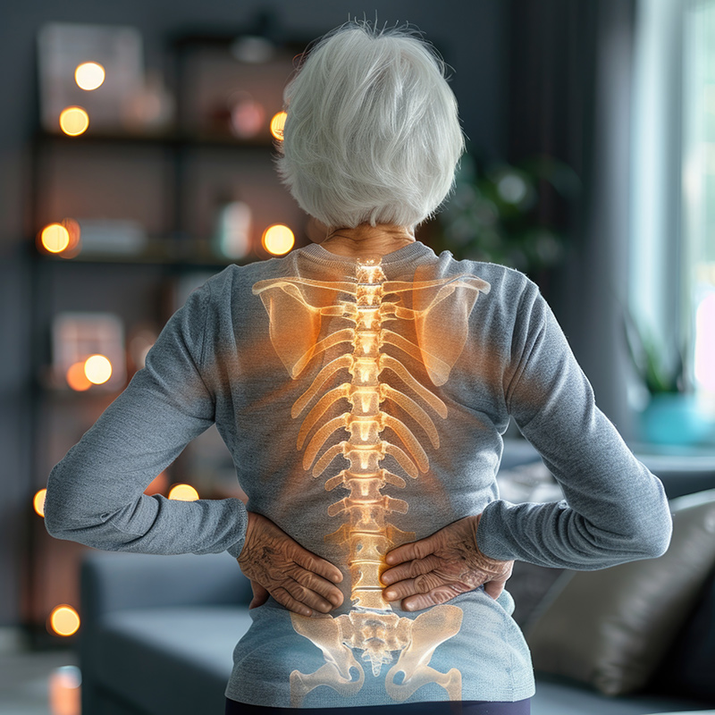 Donna con dolore alla schiena e visualizzazione della colonna vertebrale, rappresentazione della terapia di decompressione spinale per ridurre la pressione sui dischi intervertebrali.